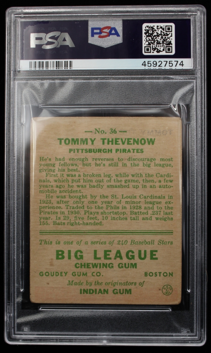 1933 Goudey #36 Tommy Thevenow Pittsburgh Pirates Card PSA G+ 2.5 (63684)