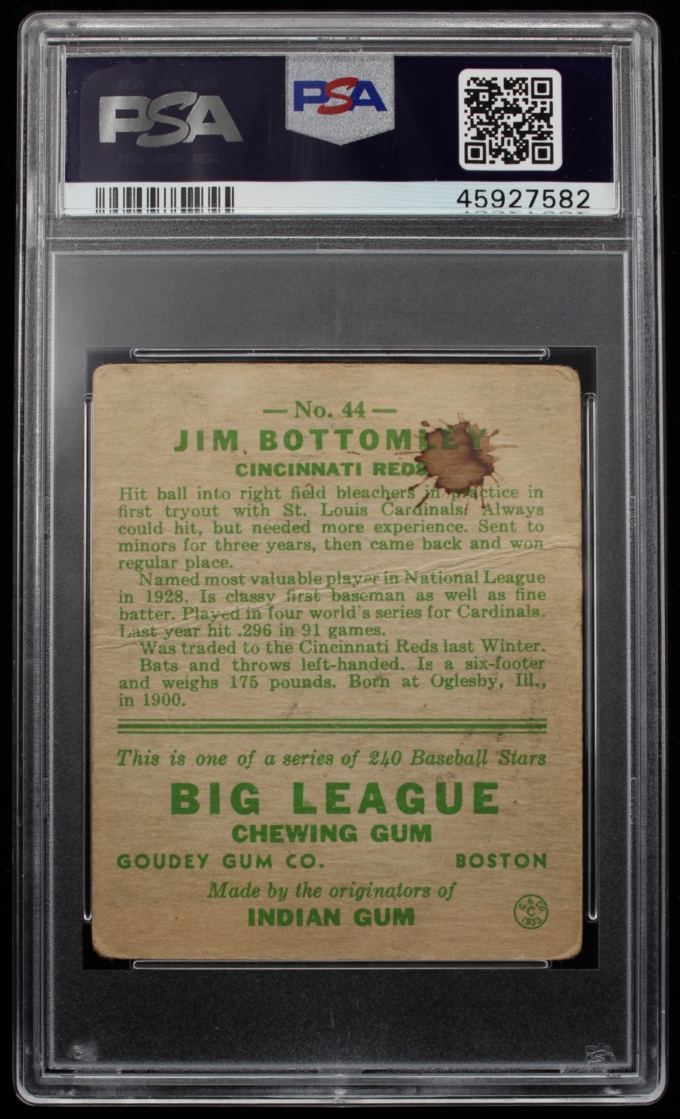 1933 Goudey #44 Jim Bottomley Cincinnati Reds Card HOF PSA FR 1.5 (63686)