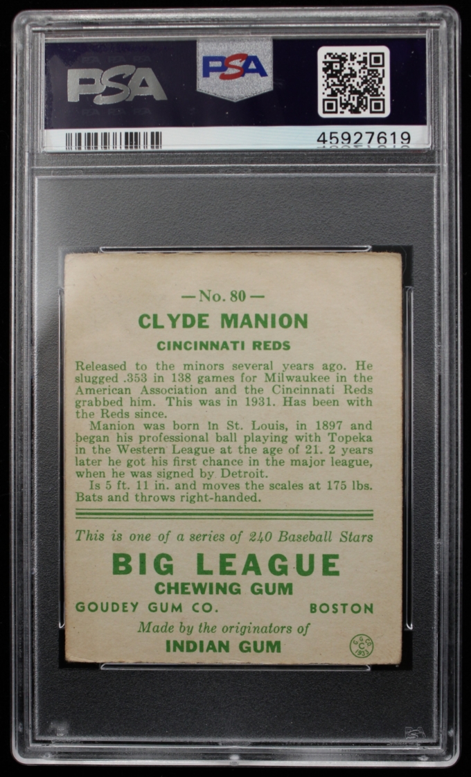 1933 Goudey #80 Clyde Manion Cincinnati Reds Card PSA VG 3 (63687)