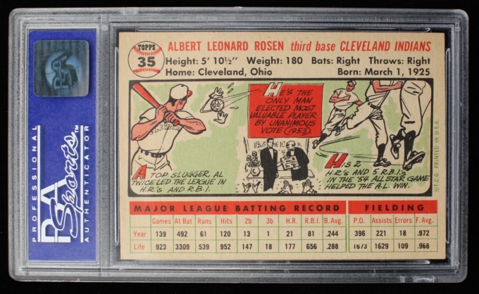 1956 Topps #35 Al Rosen Cleveland Indians WHITE BACK PSA NM-MT 8 (63713)