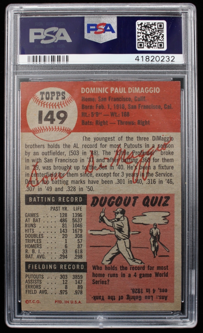 1953 Topps #149 Dom DiMaggio Boston Red Sox Card PSA NM-MT 8 (63720)