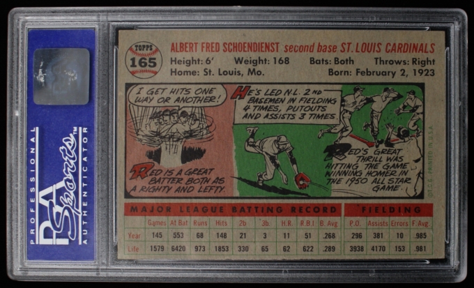 1956 Topps #165 Red Schoendienst St. Louis Cardinals Card PSA NM-MT 8 GRAYBACK