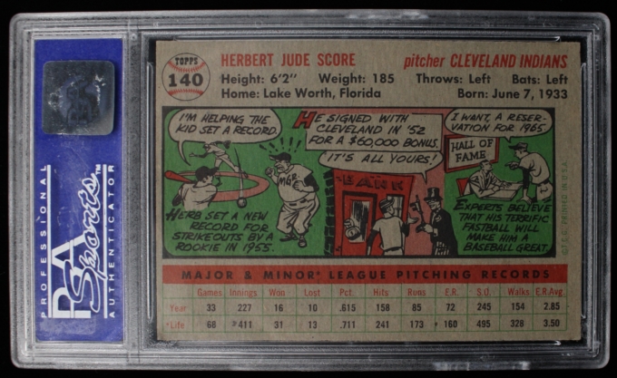 1956 Topps #140 Herb Score Cleveland Indians Card PSA NM-MT 8 GRAYBACK ROOKIE