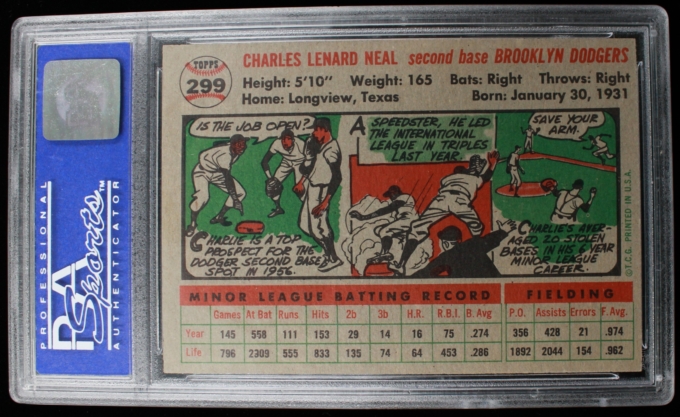 1956 Topps #299 Charley Neal Brooklyn Dodgers Card PSA NM-MT 8 (64118)