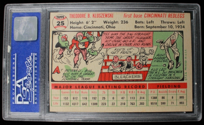 1956 Topps #25 Ted Kluszewski Cincinnati Redlegs Card Whiteback PSA NM-MT 8