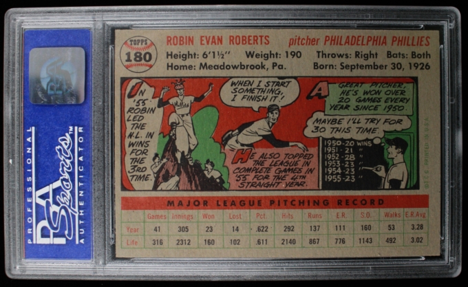 1956 Topps #180 Robin Roberts Philadelphia Phillies Card Grayback PSA NM-MT 8