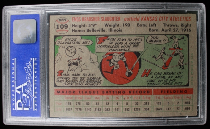 1956 Topps #109 Enos Slaughter Kansas City A's Card Grayback PSA NM-MT 8 (64123)