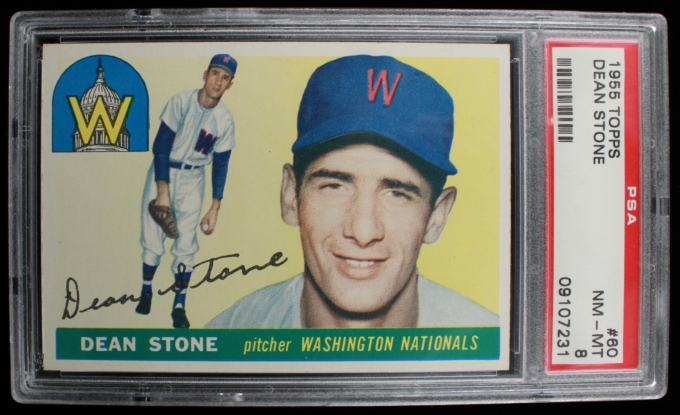 1955 Topps #60 Dean Stone Washington Nationals Card PSA NM-MT 8 (64124)