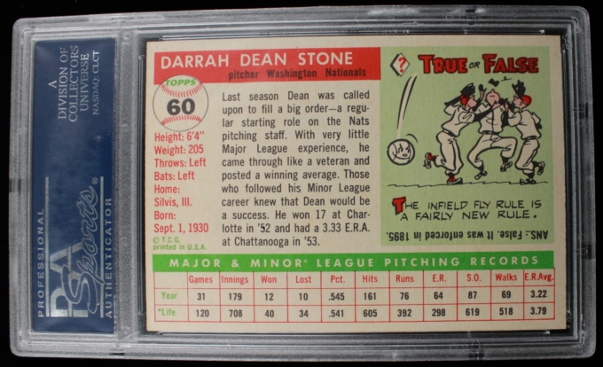 1955 Topps #60 Dean Stone Washington Nationals Card PSA NM-MT 8 (64124)