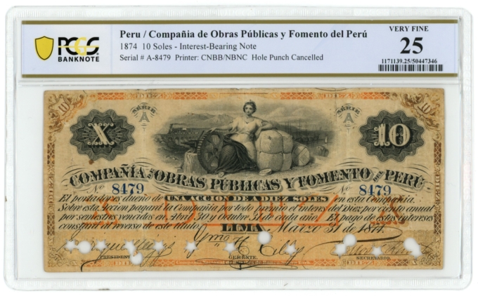 1874 Compania de Obras Publicas y Fomento del Peru 10 Soles VF25 UNL (L4122)