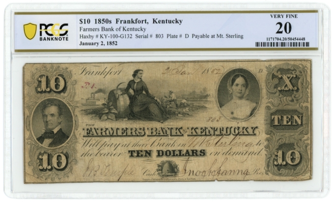 1852 Farmers Bank of Kentucky Mount Sterling KY $10 Obsolete Note PCGS VF20
