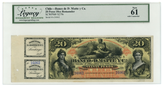 1888 Chile Banco de D Matte y Ca 2pc 20 pesos & vignette Legacy UNC (L5310)