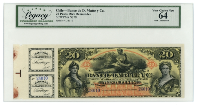 18XX SCWPM#S279r Chile Banco de D Matte y Ca 20 Pesos Legacy 64 (L5314)