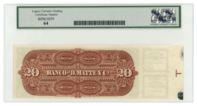 18XX SCWPM#S279r Chile Banco de D Matte y Ca 20 Pesos Legacy 64 (L5314)