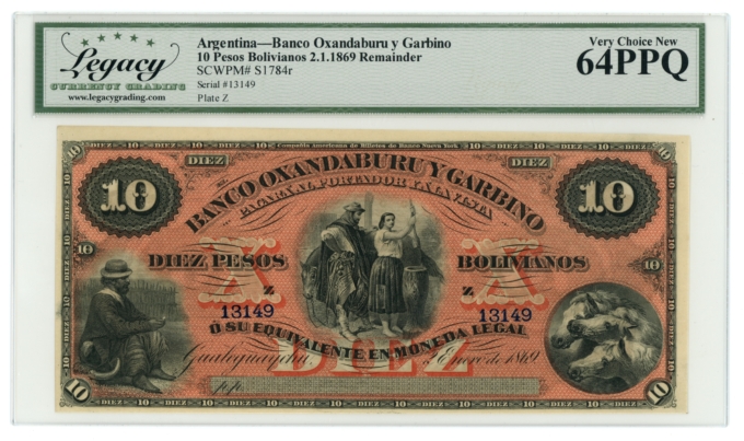 1869 SCWPM#S1784r 2 in Sequence Argentina 10 Pesos Legacy 64PPQ (L5315)