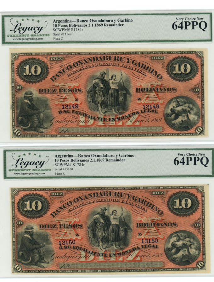 1869 SCWPM#S1784r 2 in Sequence Argentina 10 Pesos Legacy 64PPQ (L5315)
