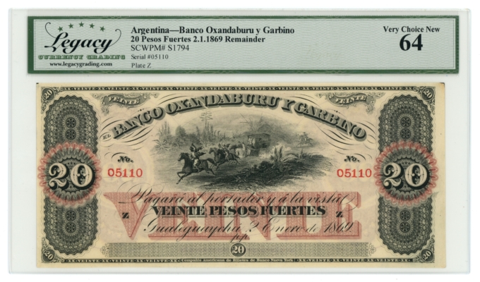 1869 SCWPM#S1794 Argentina Banco Oxandaburu y Garbino 20 Pesos Legacy 64 (L5317)
