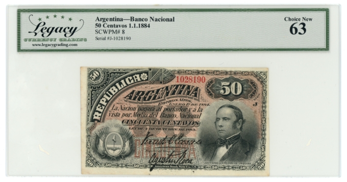 1884 SCWPM#8 Argentina Banco Nacional 50 Centavos Legacy 63 (L5319)