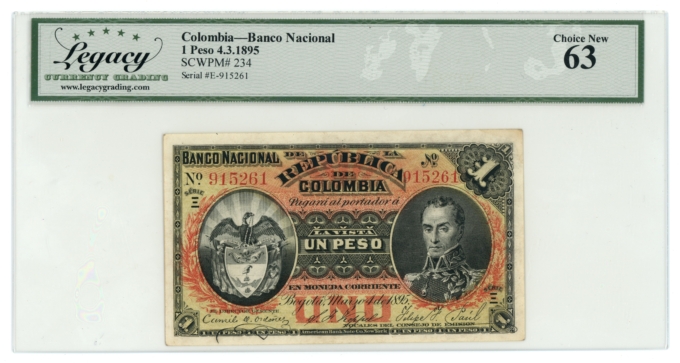 1895 SCWPM#234 Colombia Banco Nacional 1 Peso Legacy 63 (L5323)