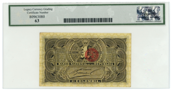 1895 SCWPM#234 Colombia Banco Nacional 1 Peso Legacy 63 (L5323)
