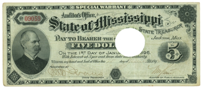 1894 State of Mississippi Jackson MS $5 Special Warrant (L5345)