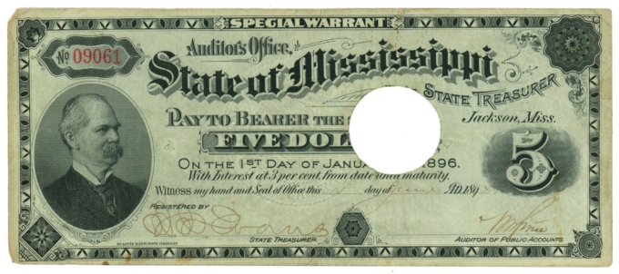 1894 State of Mississippi Jackson MS $5 Special Warrant (L5346)