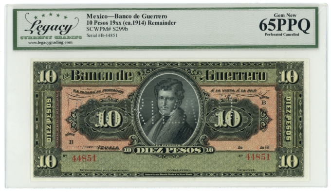 19XX Banco de Guerrero Iguala Mexico 10 Pesos Legacy UNC 65PPQ S299b (64346)