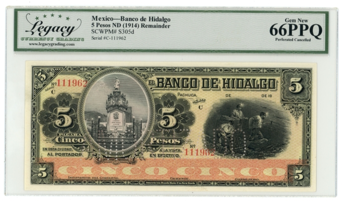 ND Banco de Hidalgo Pachuca Mexico 5 Pesos Legacy UNC 66PPQ S-305d (64349)