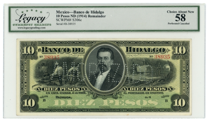 ND Banco de Hidalgo Pachuca Mexico 10 Pesos Legacy AU 58 S-306c (64350)