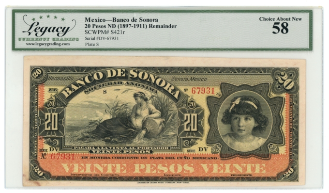 ND Banco de Sonora Hermosillo Mexico 20 Pesos Legacy 58 S-421r (64351)