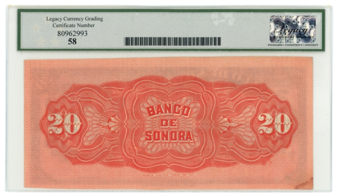 ND Banco de Sonora Hermosillo Mexico 20 Pesos Legacy 58 S-421r (64351)