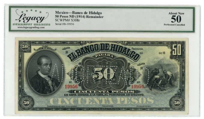 1914 Banco de Hidalgo Pachuca Mexico 50 Pesos Legacy 50 S-308r (64352)