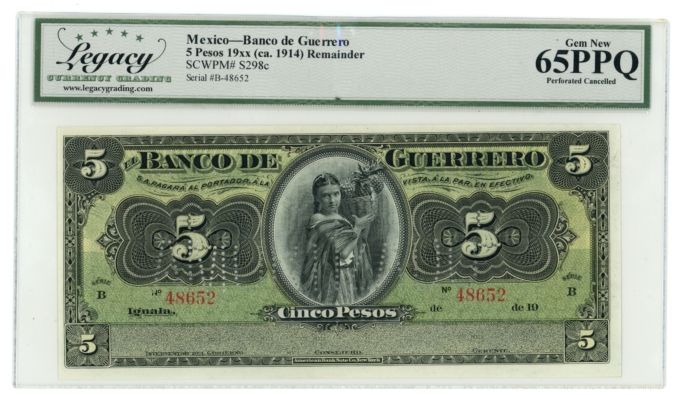 19XX Banco de Guerrero Iguala Mexico 5 Pesos Legacy UNC 65PPQ S-298c (64353)