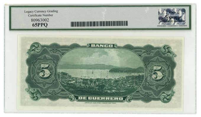 19XX Banco de Guerrero Iguala Mexico 5 Pesos Legacy UNC 65PPQ S-298c (64353)