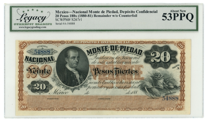 188X Nacional Monte de Piedad Mexico 20 Pesos Legacy AU 53PPQ S-267r1 (64355)