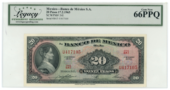 1965 Banco de Mexico S.A. 20 Pesos Legacy UNC 66PPQ P-541 (64356)