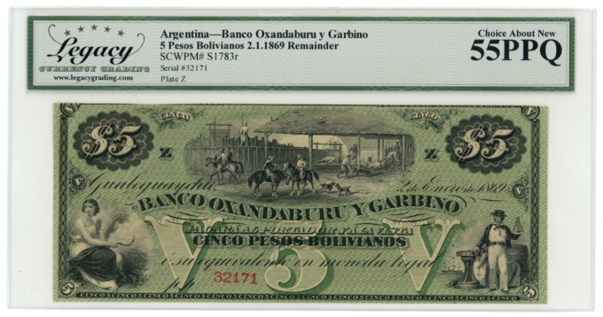 1869 Banco Oxandaburu y Garbino Argentina 5 Pesos Bolivianos Legacy AU 55PPQ
