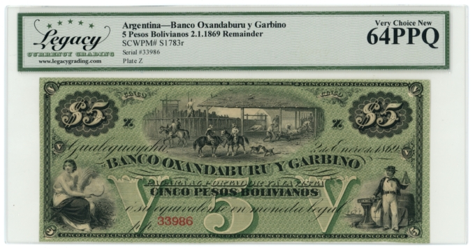 1869 Banco Oxandaburu y Garbino Argentina 5 Pesos Bolivianos Legacy UNC 64PPQ