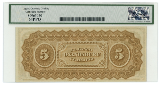 1869 Banco Oxandaburu y Garbino Argentina 5 Pesos Bolivianos Legacy UNC 64PPQ