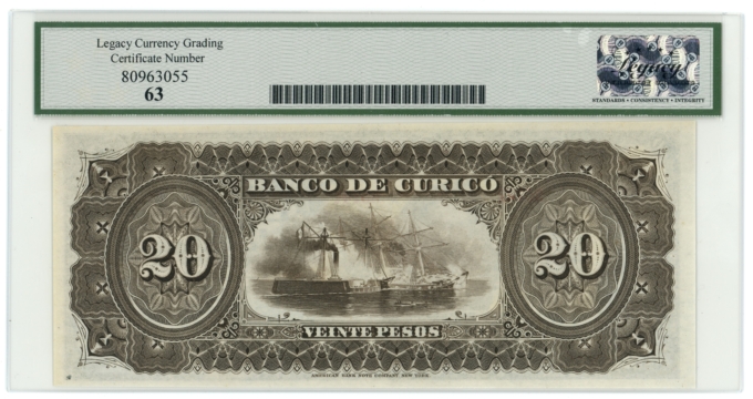 18XX Banco de Curico Santiago Chile 20 Pesos Legacy UNC 63 S-220r (64359)