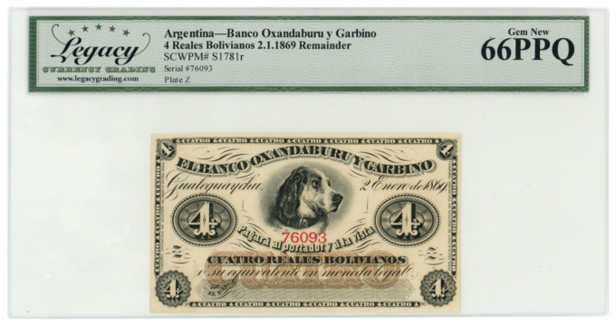 1869 Banco Oxandaburu y Garbino Argentina 4 Reales Bolivianos Legacy UNC 66PPQ