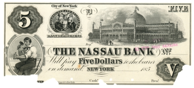 185X Nassau Bank New York City NY $5 Proof Note ABNCo. (64369)