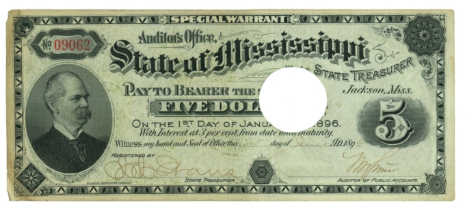 1894 State of Mississippi Jackson MS $5 Special Warrant CR-64 (64368)