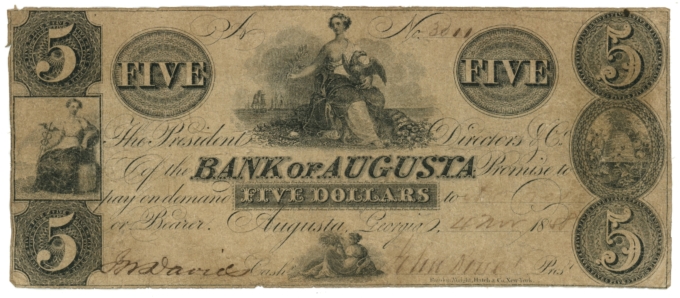 1858 Bank of Augusta Georgia GA $5 Obsolete Note (64370)