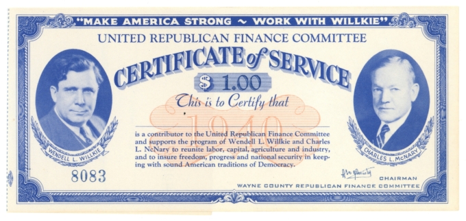 194X Wayne County Republican Finance Committee PA $1 Certificate (64374)