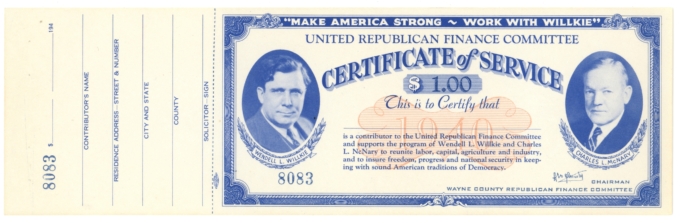 194X Wayne County Republican Finance Committee PA $1 Certificate (64374)