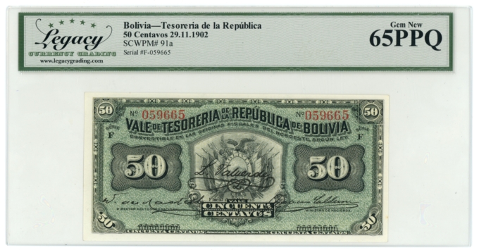 1902 Tesoreria de la Republica de Bolivia 50 Centavos Legacy UNC 65PPQ P-91a