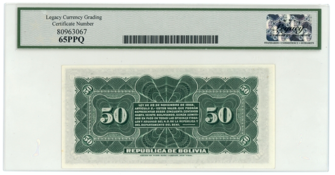 1902 Tesoreria de la Republica de Bolivia 50 Centavos Legacy UNC 65PPQ P-91a