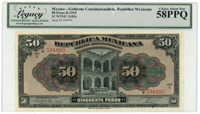 1915 Republica Mexicana Gobierno Constitucionalista 50 Pesos Legacy 58PPQ S688a