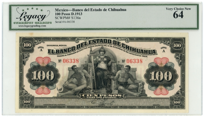 1913 Banco del Estado de Chihuahua Mexico 100 Pesos Legacy UNC 64 S-136a (64402)